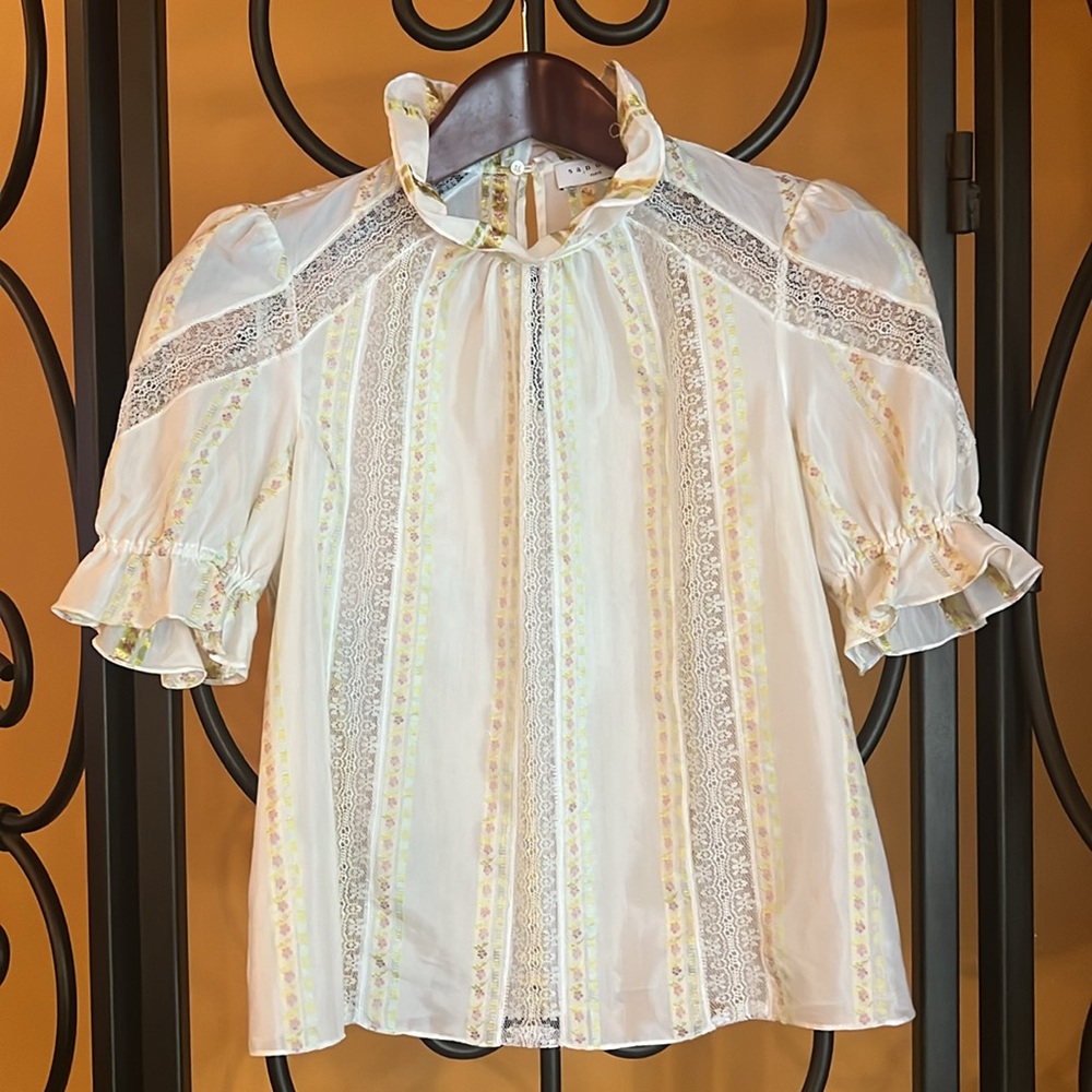 SANDRO Paris Striped Mock Neck Blouse